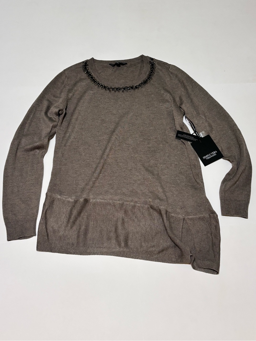 Vera Vera Wang Taupe Embellished-Neck Sweater